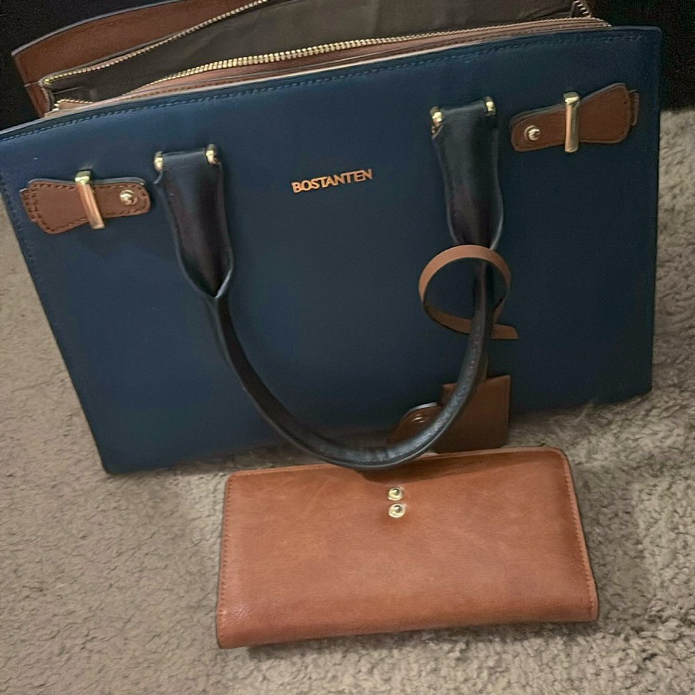 Navy and Brown Structured Tote with Wallet